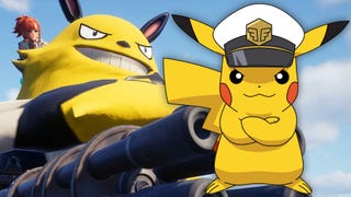A Palworld creature wielding a gun, and Captain Pikachu looking defiant.