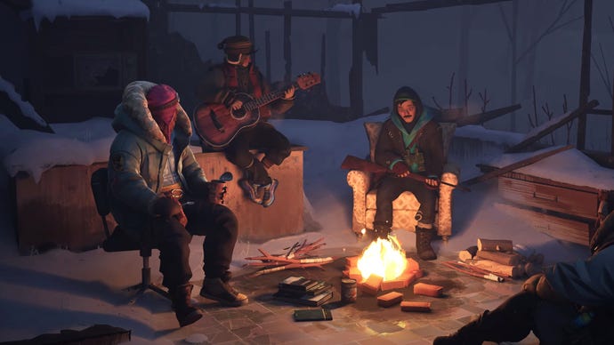 Blackfrost: The Long Dark 2 screenshot showing a group of survivors huddled around a campfire in the snow.