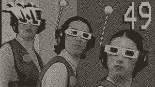 A Blippo+ screenshot showing three people dressed as if they're in an ultra-low-budget sci-fi show wearing old-school 3D glasses and headphones with an antennae sticking out - all display using a retro 1-bit filter.