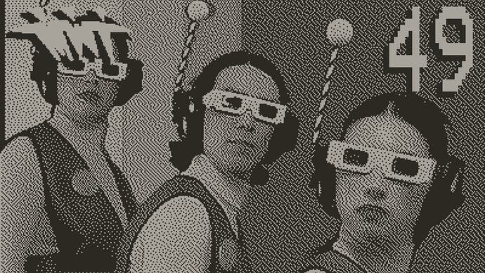 A Blippo+ screenshot showing three people dressed as if they're in an ultra-low-budget sci-fi show wearing old-school 3D glasses and headphones with an antennae sticking out - all display using a retro 1-bit filter.