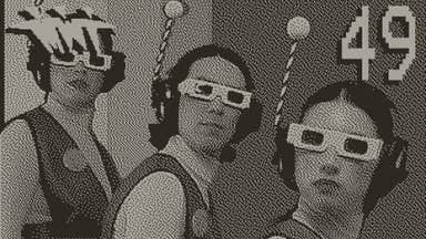 A Blippo+ screenshot showing three people dressed as if they're in an ultra-low-budget sci-fi show wearing old-school 3D glasses and headphones with an antennae sticking out - all display using a retro 1-bit filter.