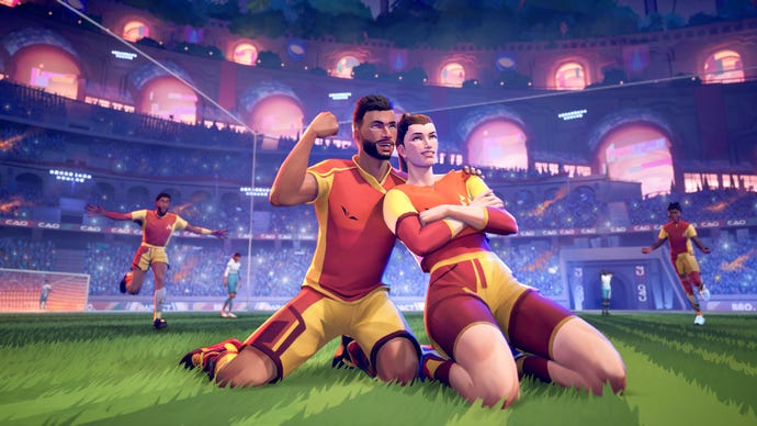Rematch trailer screenshot showing two football players in red kits kneeling in celebration