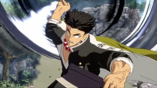 Demon Slayer: The Hinokami Chronicles 2 screenshot showing fighter with dark hair and a green and white cape in mid-punch