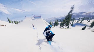 A Descenders Next screenshot showing a player snowboarding down a mountain.