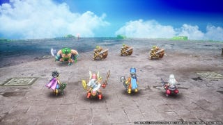 Four adventurers stand before a muscular man in a hooded mask and pants, and three metal knights in Dragon Quest III HD-2D Remake.