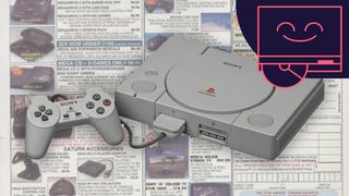 A PlayStation One console and controller in front of a mail order catalogue. A smiling PlayStation logo sits in the top right corner, as part of Eurogamer's PlayStation 30th anniversary coverage.