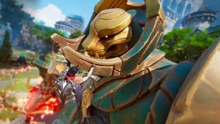 An Eternal Strands screenshot showing protagonist Brynn climbing a towering boss against the backdrop of a vibrant fantasy world.