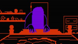 This could be a scene from a Japanese horror film, except it looks like a scene from an old adventure game. It's painted in two colours, one a kind of brown for the environment, and one in purple showing a hunched over girl holding the end of a bed, hair obscuring her face. She is out to get you.