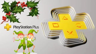 Festive PlayStation Plus logo adorned with holly and elves