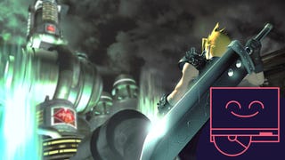 Final Fantasy 7 artwork of Cloud with giant sword looking at Shinra reactor with Eurogamer PS1 anniversary logo