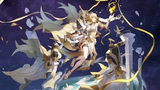 Aglaea splash art of a deep blue galaxy background in Honkai Star Rail.