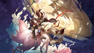 Splash art of Fugue, Tingyun's 5-Star form, in Honkai Star Rail, on a deep blue space background.