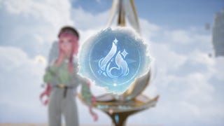 Symbol of Vital Energy on a blurred background of Nikki standing beside the console in the Realm of Escalation in Infinity Nikki.