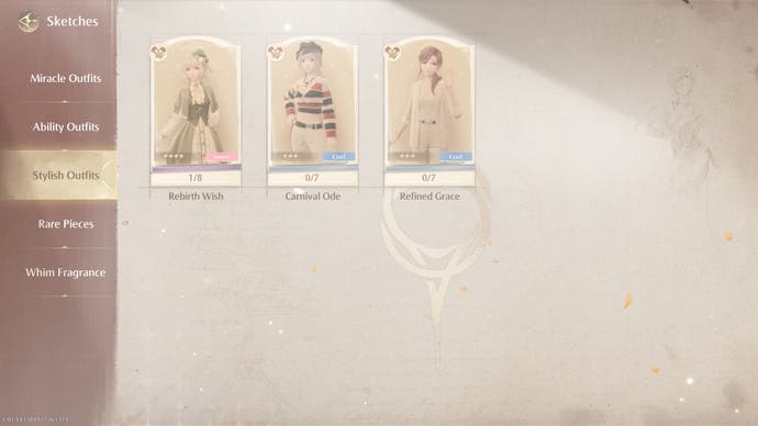 The sketch menu in Infinity Nikki showing three incomplete outfits.