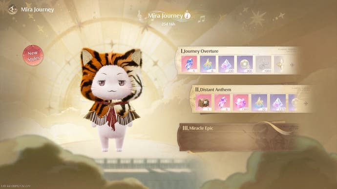 The battle pass unlock menu in Infinity Nikki showing free and premium rewards, with Momo in a tiger-like cloak.