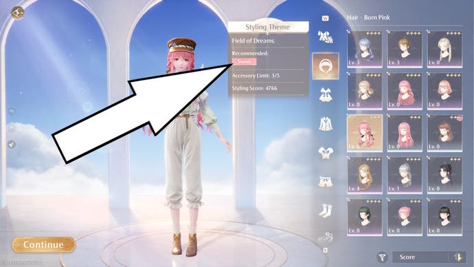 A white arrow pointing to the suggested style battle tag on the outfit select menu in Infinity Nikki.