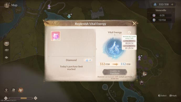 The Vital Energy pop-up menu on the map in Infinity Nikki showing how much Vital Energy is stored, and how long until the next point is gained.