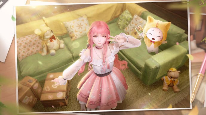 A photograph of Nikki, a pink haired girl, and Momo, a cat.