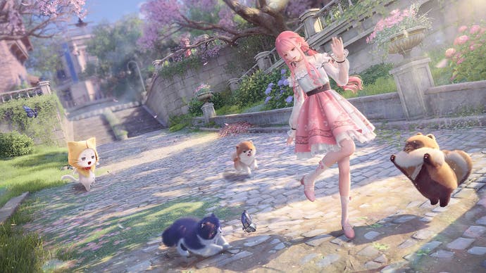 Nikki, a pink haired girl, stands alongside a cat, dog and raccoon.