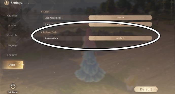 The 'Redeem Code' option in the Infinity Nikki Settings menu circled.