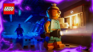 A Lego Fortnite image showing a fishy Lego character holding a torch in a darkened area.