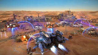 An airship hovers over a desert battlefield full of mechs in Mechabellum