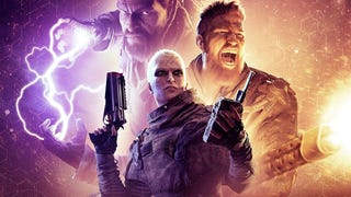 Outriders promotional art showing a montage of three characters striking dramatic poses.