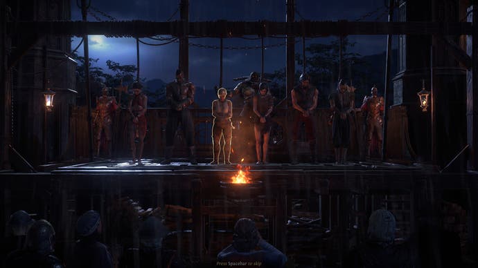 Half a dozen characters stand on a scaffold, nooses around their necks, awaiting the drop. It's Path of Exile 2's character select screen.