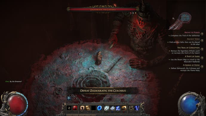 A small character on a circular platform fights a huge titan-sized colossus.