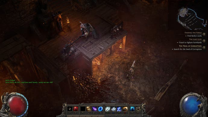 A screenshot from Path of Exile 2, showing the hideous Executioner boss doing what they're named after - executing someone by chopping off their head.