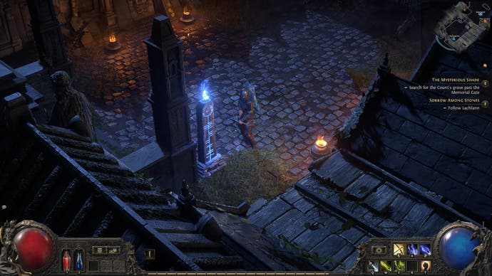 Path of Exile 2 screenshot showing a character next to a checkpoint before a boss arena