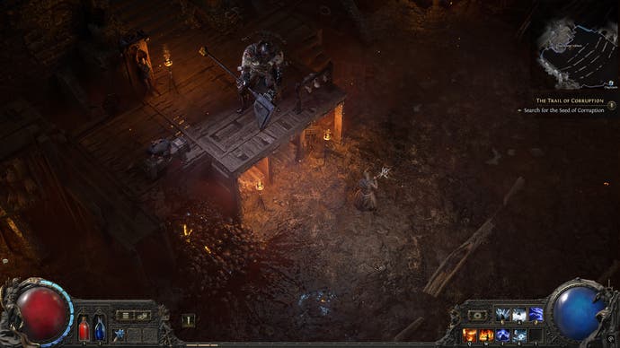 Path of Exile 2 screenshot showing a Sorceress facing a boss
