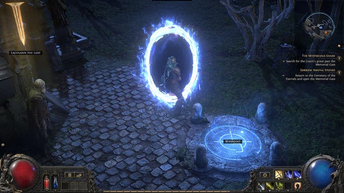 Path of Exile 2 screenshot showing a character opening a portal back to their base