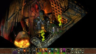 The party stares at a massive, metallic construct, in Planescape Torment: Enhanced Edition.