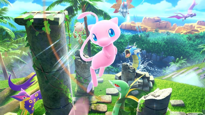 Screenshot of Pokémon TCG Pocket trailer showing cute pink Mew in a forest