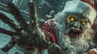 A zombie Santa with six hands jeers at the camera.