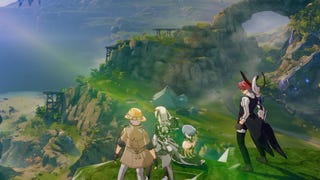 Four characters look down over a clifftop to sun-dappled world