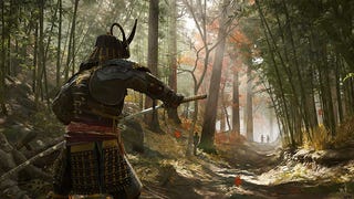 Assassin's Creed Shadows' samurai Yasuke draws his sword in a wooded scene.