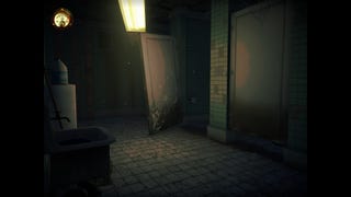 A spooky bathroom scene showing a door falling off its hinge surrounded by spiderwebs in Fullbright Presents: Toilet Spiders.