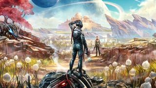 The Outer Worlds key art showing an astronaut stood on the wreckage of their ship looking out over a vast and colour alien landscape as woman approaches in the distance.