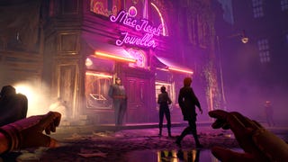 A Thick as Thieves screenshot showing a guard stationed in front of a neon-lit jewellery store on a rainy night, all viewed in first-person as the player squats in the shadows.