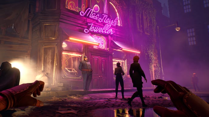 A Thick as Thieves screenshot showing a guard stationed in front of a neon-lit jewellery store on a rainy night, all viewed in first-person as the player squats in the shadows.