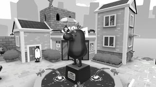 A Toem 2 screenshot showing a statue standing in the middle of a black and white cartoon town.