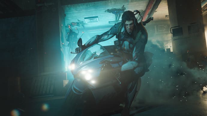 Warframe screenshot showing 1999 expansion protagonist Arthur Nightingale on a motorcycle in his workshop.