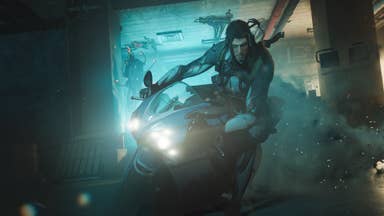 Warframe screenshot showing 1999 expansion protagonist Arthur Nightingale on a motorcycle in his workshop.