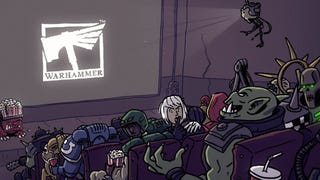 Cartoon image of Warhammer characters in a cinema with the Warhammer logo on screen