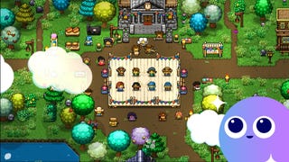 A top down view of a hoedown competition in the pixel art farming game Cattle Country, with the Eurogamer Wishlisted logo in the bottom right corner.