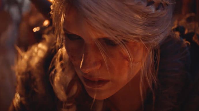 A still from The Witcher 4's announcement trailer showing a close-up of an adult Ciri.